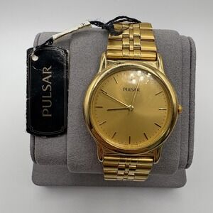 Pulsar PRS436 Watch Mens 36mm Gold Tone Stainless Japan V501-A308 Mineral
